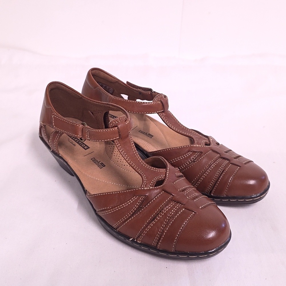 Clarks Wendy Alto Shoes Women 7.5 Tan Leather T-Strap Wedge Sandals Orthopedic